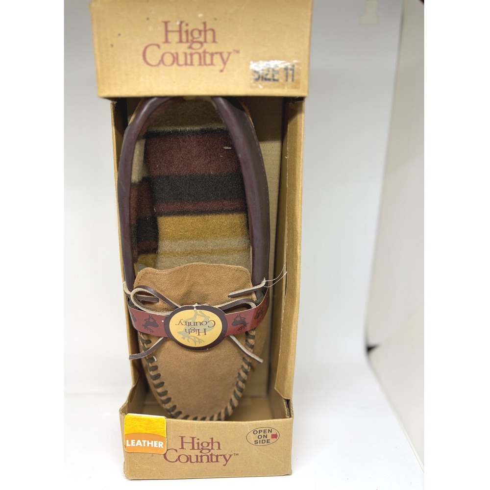 High Country Moccasin Slippers Mens 11 Tan New Leather Suede Striped Lining